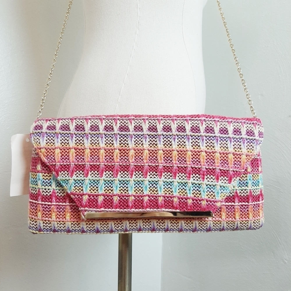 Estee & Lilly Woven Striped Clutch Snap Close Crossbody Chain Strap Pink Purple
